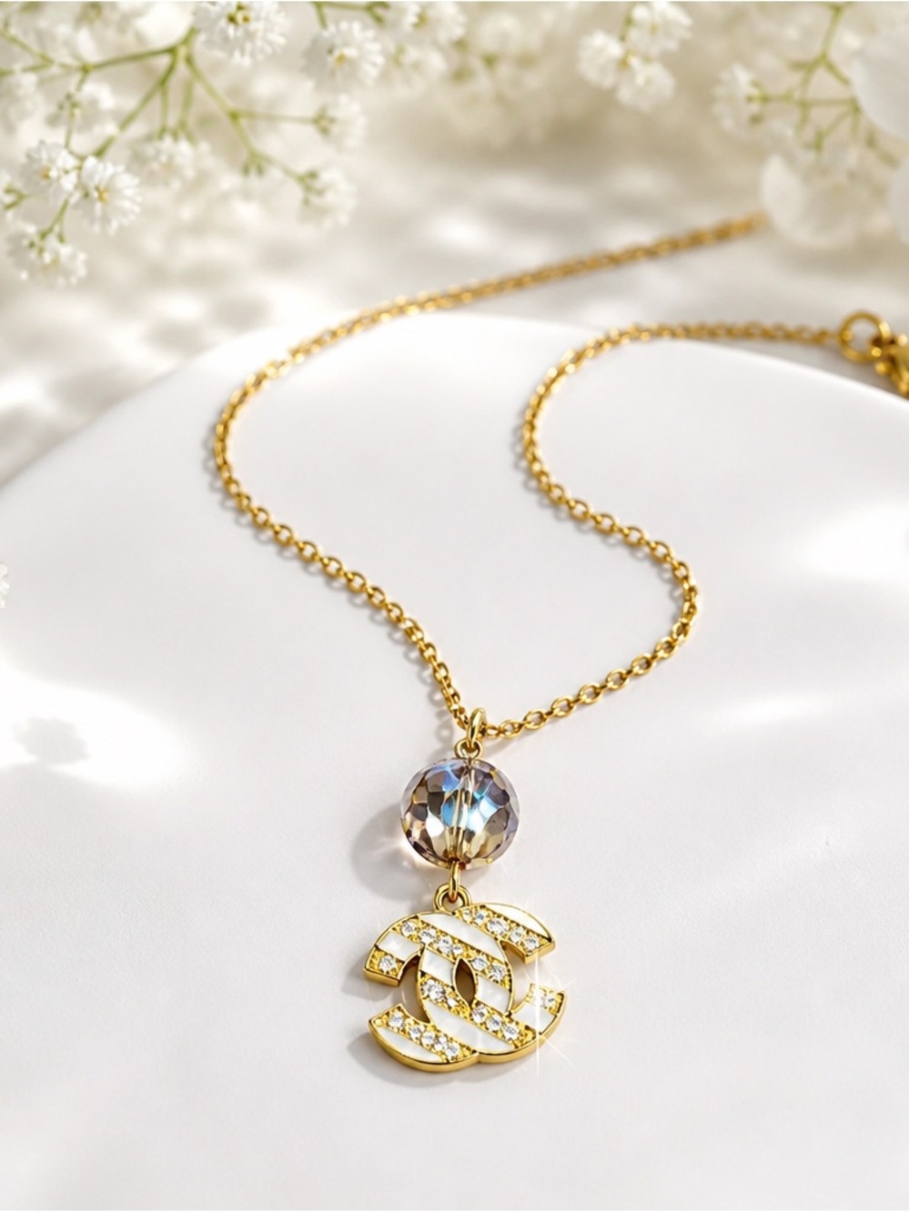 Gold Crystal Pendant Necklace - Luxury Interlocking Charm